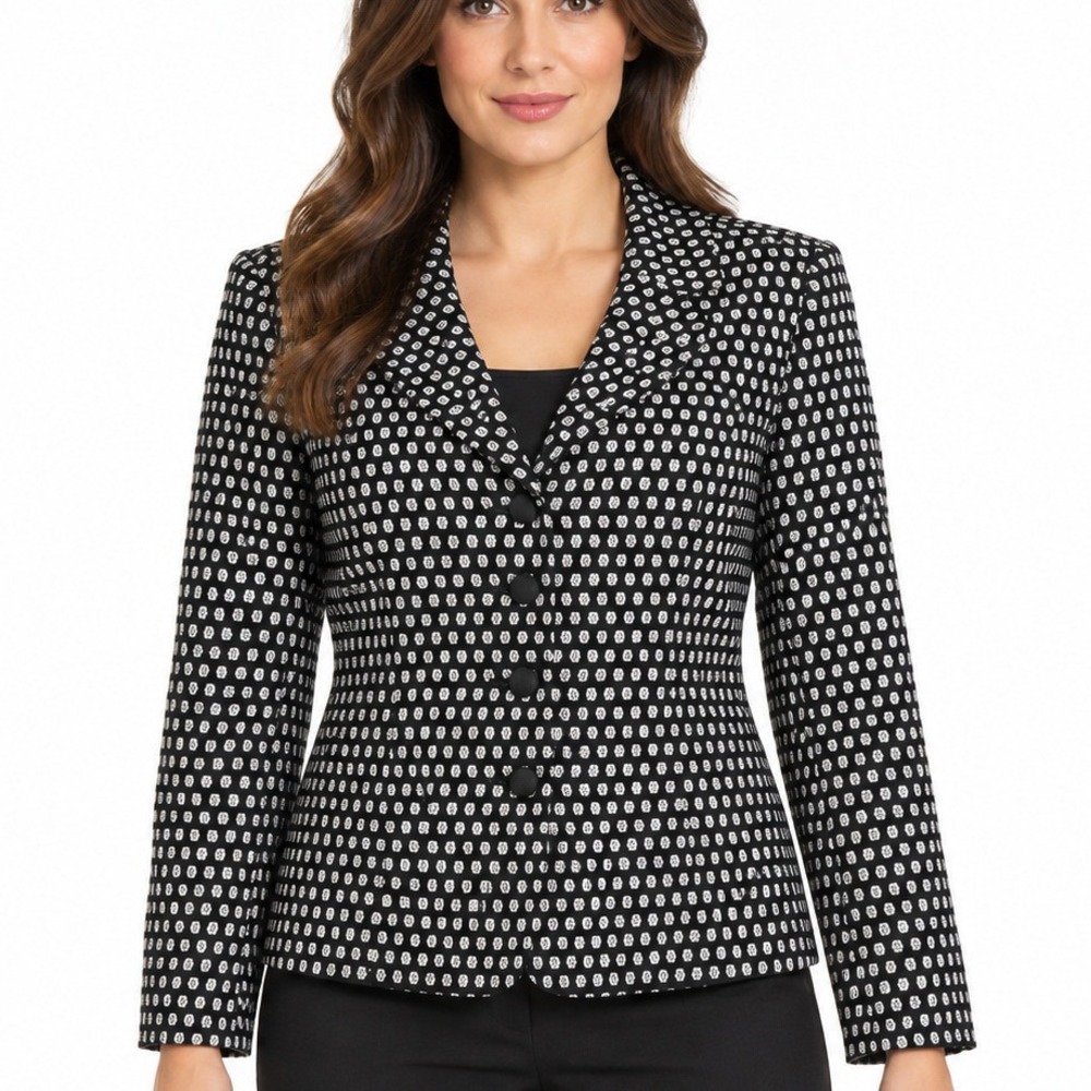 Le Suit Essentials Petite Blazer Black White Geometric Button Front Jacket 6P